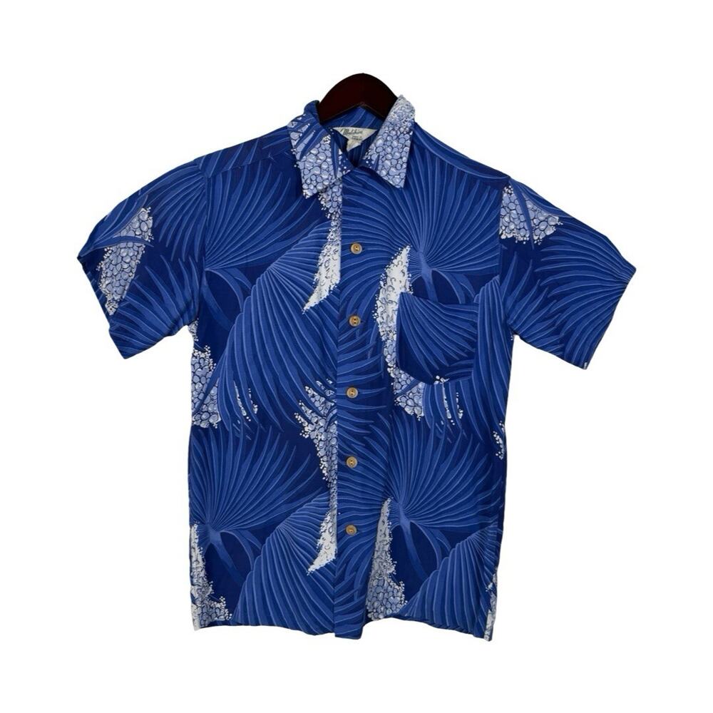 Vintage Mark Raysten Malihini Hawaiian Shirt Size Small Blue Japanese Theme